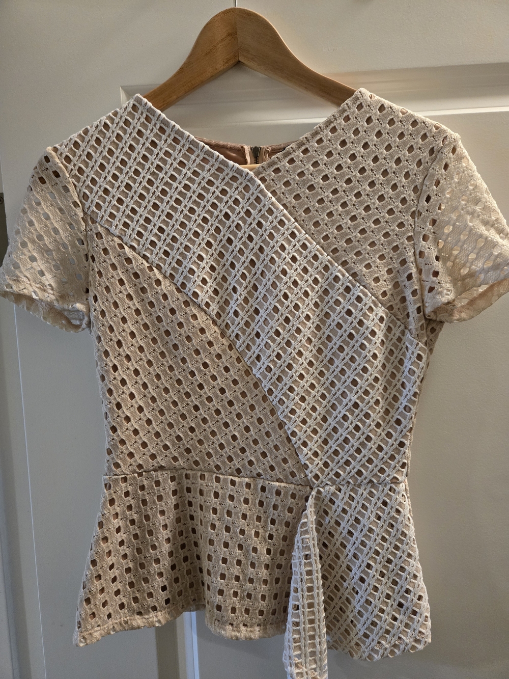 BCBGMaxAzria Cream Eyelet Peplum Top with Wrap Detail